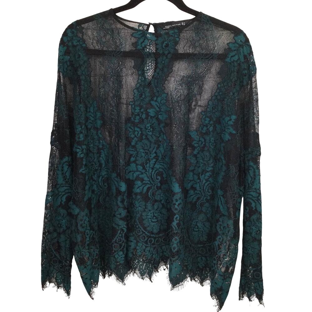 Zara Woman Whimsygoth Dark Romantic Lace Sheer Green Floral Raw Hem Top M